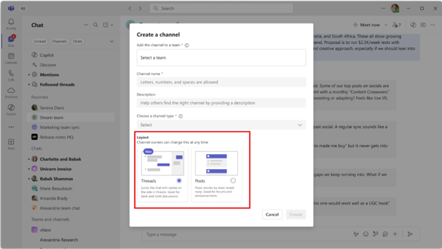 screenshot showing Microsoft Teams edit channel functionality in Treads