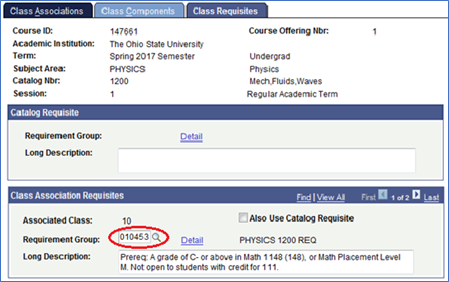Screen shot of the class requisite tab, focusing on the requirement group number.