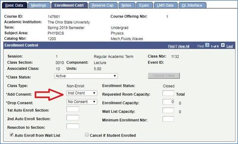 Screen shot of Maintain Class schedule tool under the enrollment control tab showing how to enforce instructor consent. 
