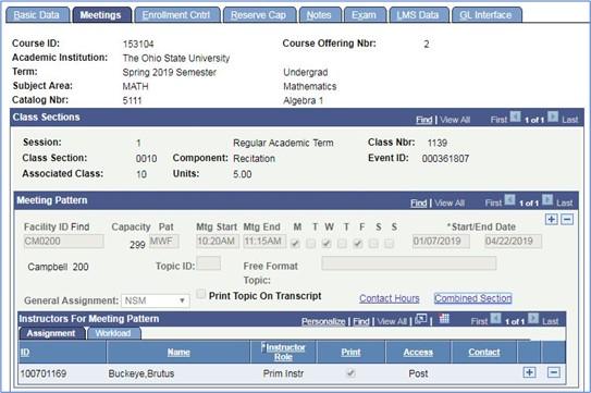 Screenshot of Undergraduate meeting pattern