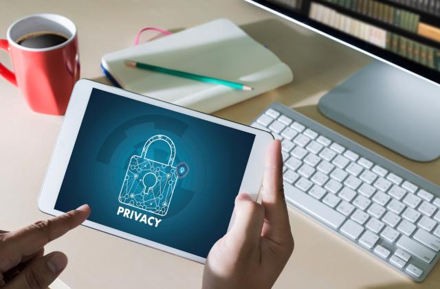 A person holding a tablet with a screen showing a digital lock labeled 'privacy'