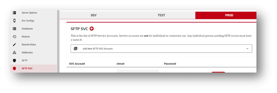 Add New SFTP Service Account button highlighted