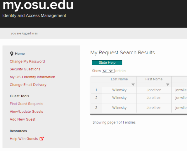 an example of searching for a guest account at my.osu.edu