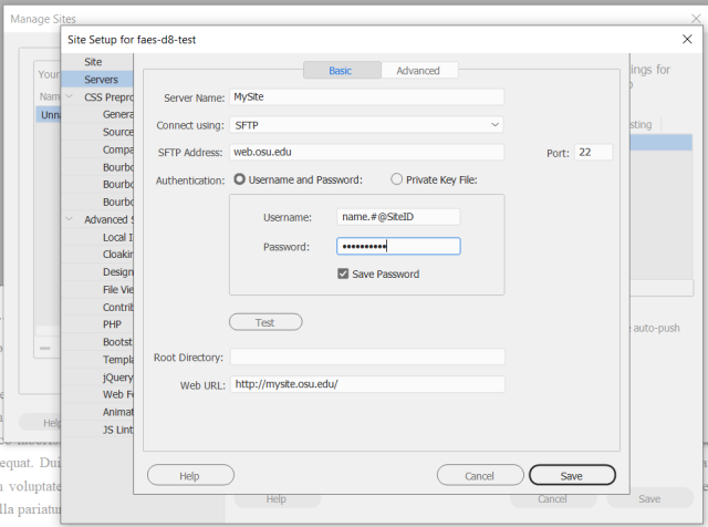 Dreamweaver SFTP log in screen