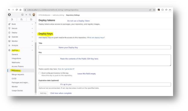 Webhook deploy keys screen