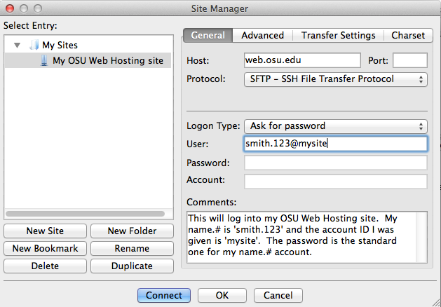 Filezilla site manager window open with example information provided