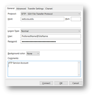 Example filezilla window using the new sFTP account