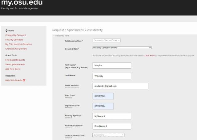 displays form for entering the details of the guest account you would like to create