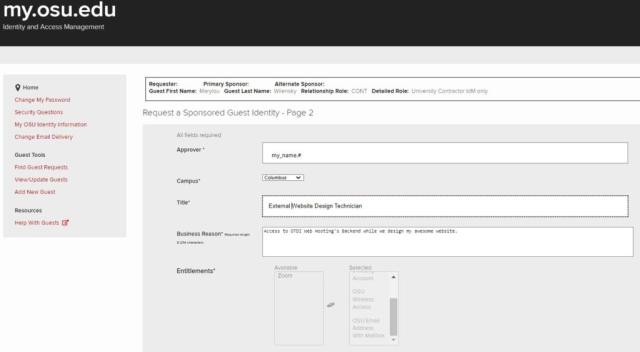 second page of the account request screen requesting additional details
