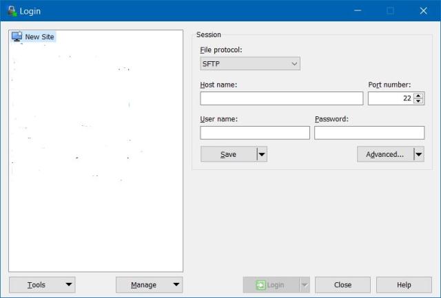 WinSCP log in screen