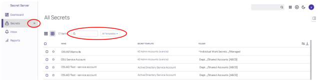 All Secrets tab in the PAM tool with search bar highlighted