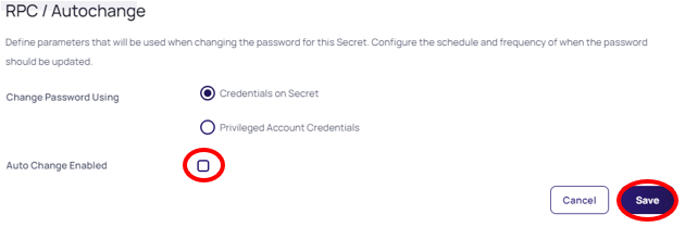 Autochange page in the PAM tool with the Auto Change Enable checkbox circled and the Save button circled
