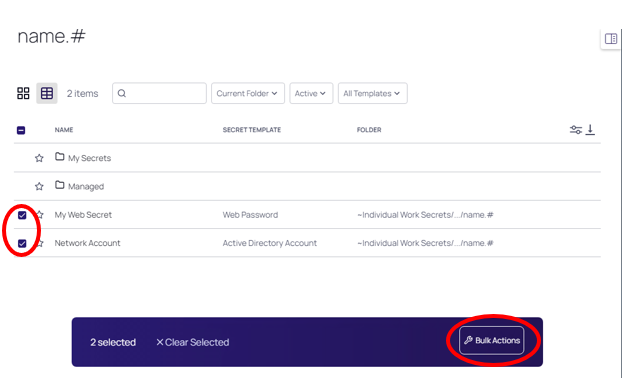 name.# page in the PAM tool with My Web Secret and Network Account options circled, and the Bulk Actions button circled