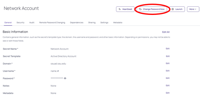 Network Account page in the PAM tool with the Change Password Now button circled