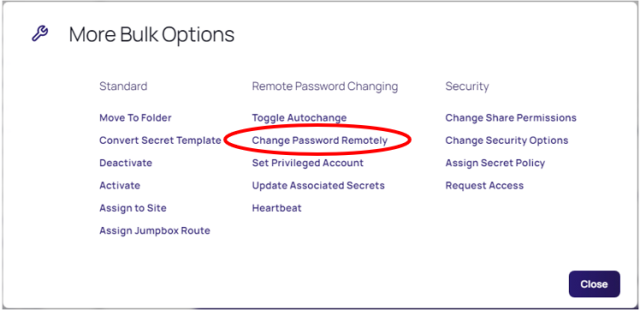 More Bulk Options page in the PAM tool with Change Password Remotely option circled