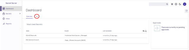 Secret Server Dashboard in the PAM tool with the plus icon highlighted