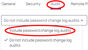 Audit tab in the PAM tool with the Include password change log audits option circled