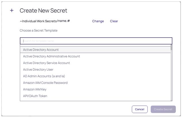 Create New Secret screen in the PAM tool