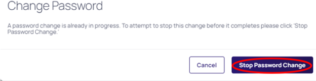 Change Password page in the PAM tool with the Stop Password Change button circled