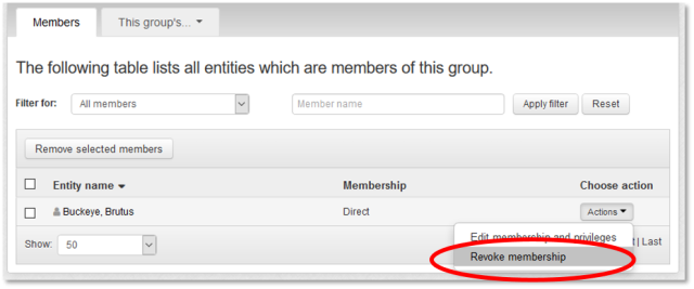 Revoke membership button highlighted in the lower right hand corner