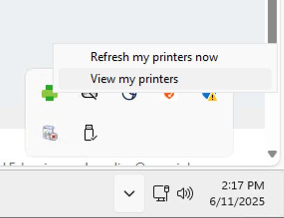 Windows System tray with Papercut Printing menu open