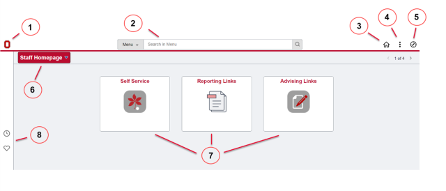 PeopleSoft Landing page with components numbered: 1. Block O image 2. Menu/Search Bar 3. Home 4. Actions Button 5. Navigation Bar Compass 6. Homepage Selector 7. Navigation Tiles 8. Quick Access Menu