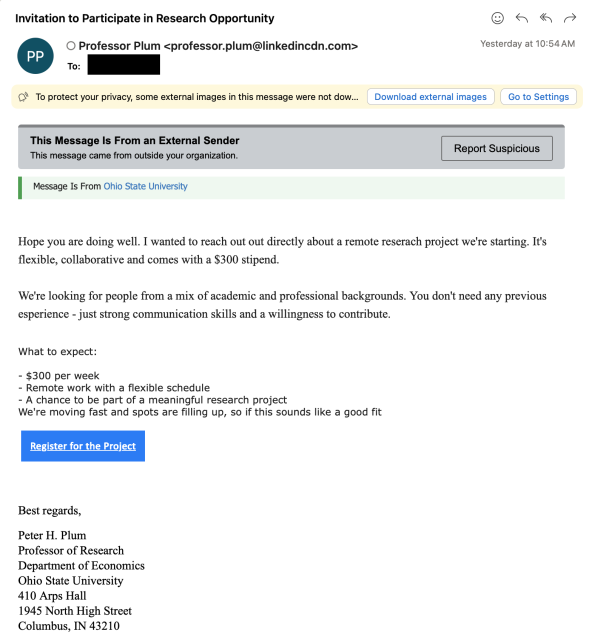 Display of phish sent from Professor Plum, asking for participation in a research project with pay. This is a fake email designed to get victims to click, but is part of an educational exercise, not an actual attack.