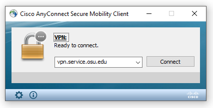AnyConnect main log in screen with vpn.osu.edu in the server field
