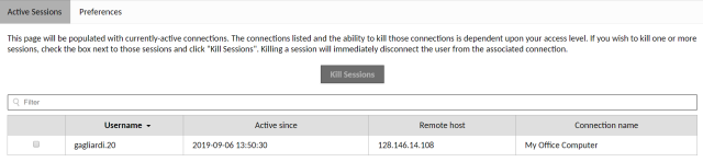 Guacamole active sessions tab