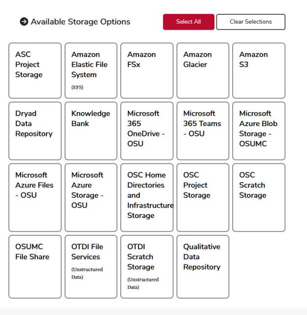 Ohio State Storage Directory homepage with the Available Storage Options and Select All button displayed