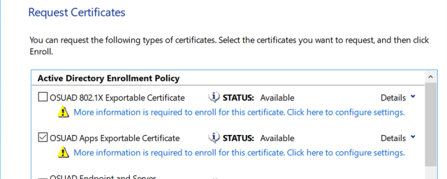 Request certificates window for Active Directory policy