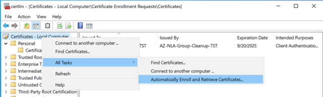 Automatically enroll certificates option selected in the All tasks menu