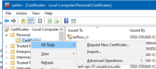 All tasks menu open with Request Certificates highlighted