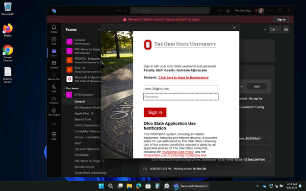 OSU log in screen for Teams