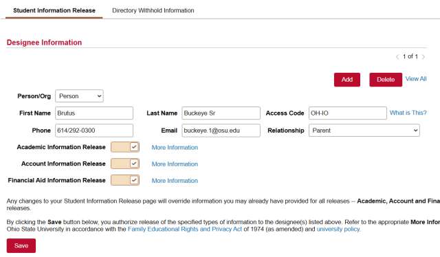 Designee Information page of Student Information Release