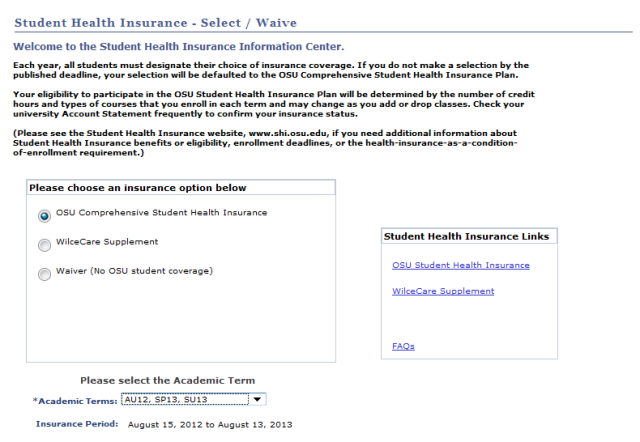 Student Health Insurance select waive screen