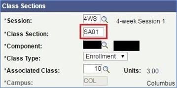 Screen shot of Maintain Class schedule and how to identify study abroad section