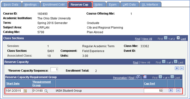 Screen shot of Maintain Class schedule and how to enforce reserve caps for study abroad classes.