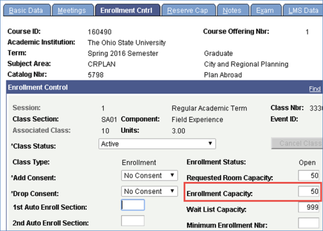 Screen shot of Maintain Class schedule and how to set enrollment capacity