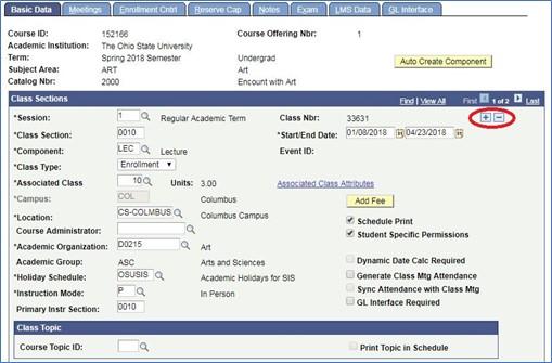 Screensot of Schedule New Course tool depicting new course shell Basic Data Tab showing how to add additional class sections.