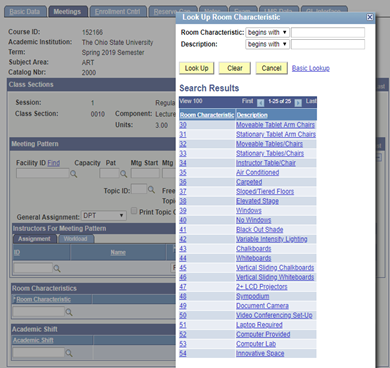 Screenshot of Schedule New Course tool depicting new course shell Meetings Tab showing classroom characteristics
