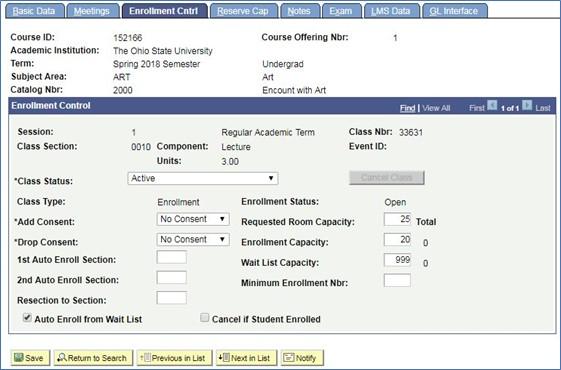 Screenshot of Schedule New Course tool depicting new course shell Enrollment Control Tab