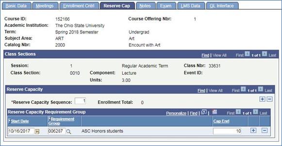 Screenshot of Schedule New Course tool depicting new course shell Reserve Cap Tab
