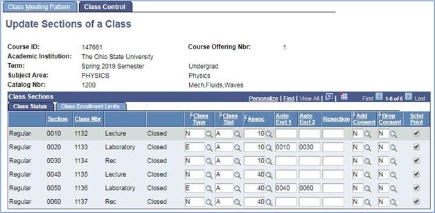 Showing Update Sections Of a Class tool on the Class Control Tab, depicting a layout of associated classes.