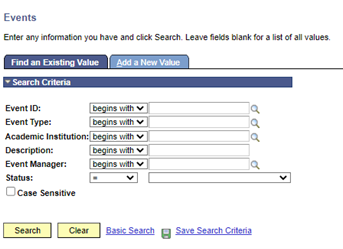Events page displayed, with search criteria fields.