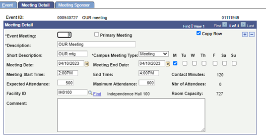 Meeting Detail tab, with an approved meeting (event ID near top).