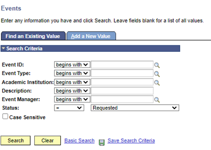 Event search page again, but with Status set to Requested.