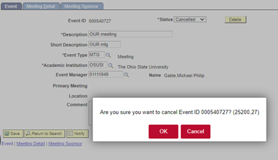 Event page with Cancelled event warning message displayed.