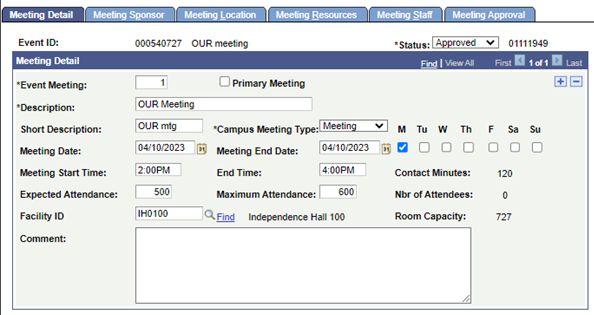 Meeting Detail tab, with the status set to Approved.