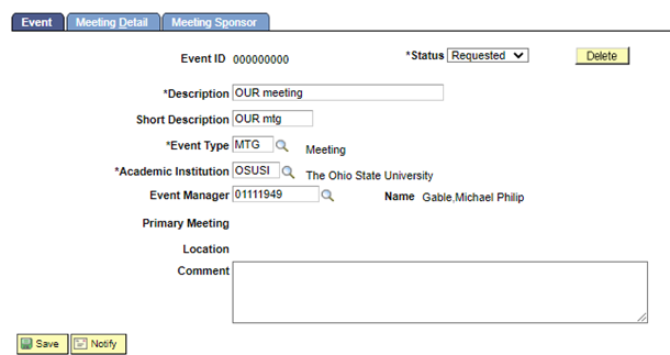 Page displayed to create an event.  Event tab selected with event criteria fields.